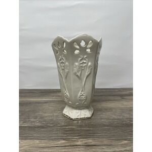 Papel Freelance Ceramic Vase Cream Reticulated Cutout Gold Rim Hexagon 7.25 inch
